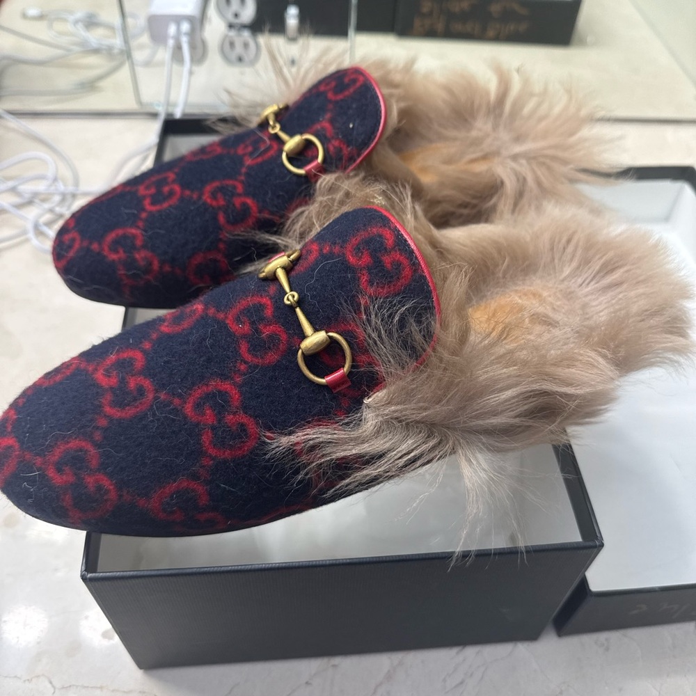 Gucci Navy and Red Fur Lined Mules
